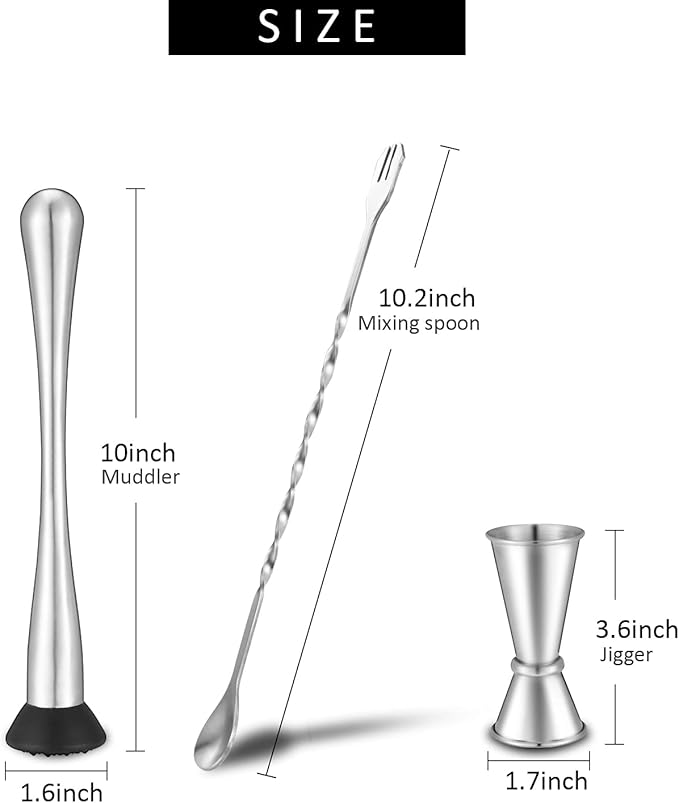 Stainless Steel Muddler for Cocktails,Mixing Spoon and Measuring Jigger,Professional Bar Tools,10-inch Bar Muddler for Making Mojitos,Margaritas and Other Fruit Based Drinks.