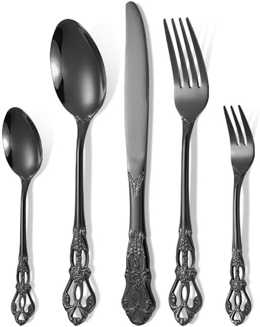 20 Piece Black Cutlery Flatware Serving Sets, Stainless Steel Flatware Set Include Fork,Knife,Spoon Utensils Sets, Dishwasher Safe