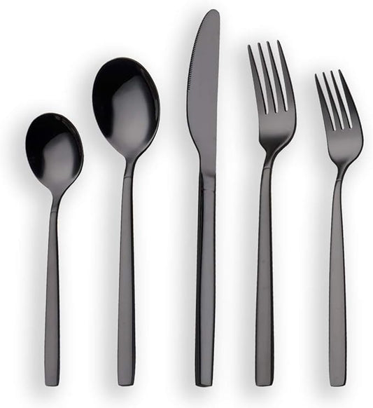 Berglander 20 Piece Titanium Black Plated Stainless Steel Flatware Set, 20 Pieces Silverware Set, Cutlery Set, Service for 4 (shiny Black)