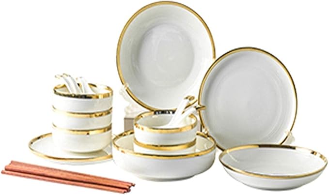 Fine Dinnerware Set,Gold Halo White Porcelain Dinnerware Set, Complete Ceramic Plates and Bowls Sets, Modern Creativity Vintage Round High Class Dishes Set, Luxurious Mel