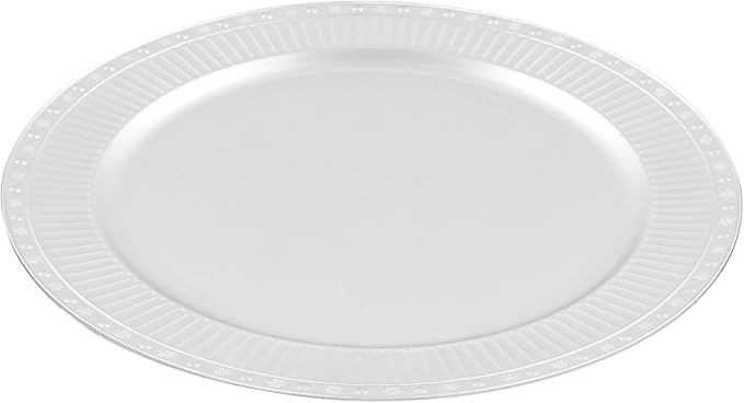 100 Pcs Round Serving Plates 13in Antique Charger Plates Bulk Plastic Charger Plates Set with Stackable &　Edge Texture Pattern Table Chargers for Parties, Weddings, Banquets, Restaurants（Silver）