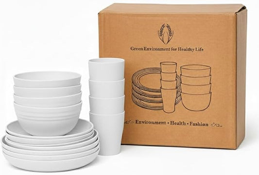 16 PCS Wheat Straw Dinnerware Set, Unbreakable Plates Bowls Cups for 4, Lightweight Microwave & Dishwasher Safe Tableware, Reusable Kitchen Set for Camping, Picnic, RV, Family Use ((White)