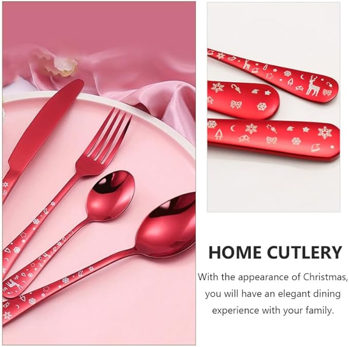 Hemoton 4Pcs Forks and Spoons Silverware Set Stainless Steel Christmas Utensils Heavy Duty Christmas Silverware Cutlery Set Includes Fork Spoon Knife