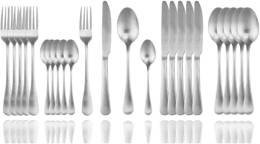 JASHII Flatware Set, 24-piece Silverware Cutlery Set with Serving Pieces, Heavy-duty Stainless Steel Utensils, Include Knife/Fork/Spoon, Matte Finish, Dishwasher Safe, Service for 6 (Silver)
