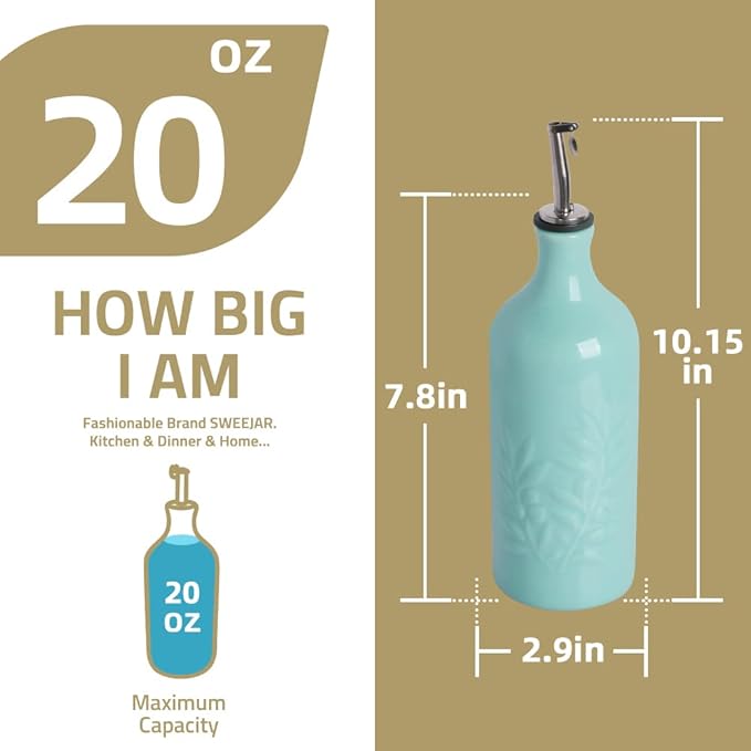 Sweejar Ceramic 20 Oz Olive Oil Dispenser Bottle, Relief Opaque Oil Cruet, Suitable for Storage Oil, Vinegar, Soy Sauce, Coffee Syrup, Liquids, Set of 1 (White)