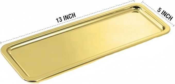 Elegant Stainless Steel Rectangular Serving Tray, Mirror Finish Coffee Tea Platter, Silver, 13 x 5.12 Inch, for Cafe, Home Desserts Long Metal Plate for Café, Home, Gift Bahtroom Tray Gold