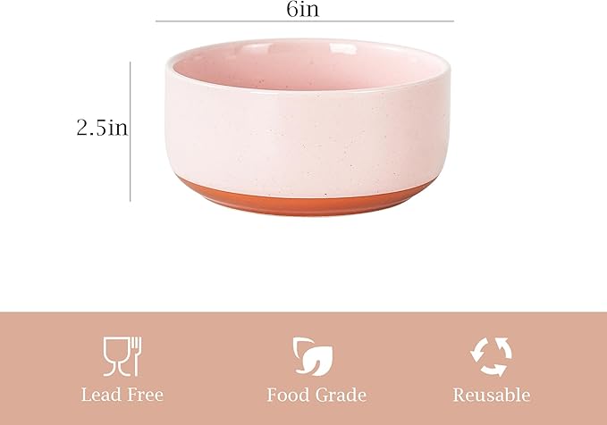 26 OZ Cereal Bowl,6 Inch Ceramic Bowl Sets for 4,Suitable for Breakfast, Soups, Oatmeal, Ramen, Pho, Udon and Ssoba,Dishwasher & Microwave Safe, Handcrafted Bowls Sets,Elegant Pink