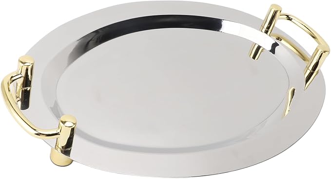 Dioche Steel Serving Tray Stainless Steel Platter with Handle – Multifunction Portable Serving Tray for Restaurant & Hotel Buffet, Rectangle Shape, 47.5cm (Round Shape with Gold Handle, 46cm)