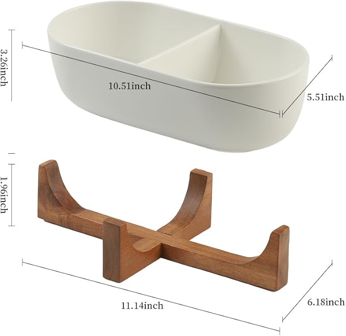 Chip and Dip Serving Bowl with Acacia Wood Base, Ceramic Serving Bowl for Home Decor(2-Compartment Bowl), 10.5 inch Divided Bowl for Snack, Dessert, Fruit, Veggies