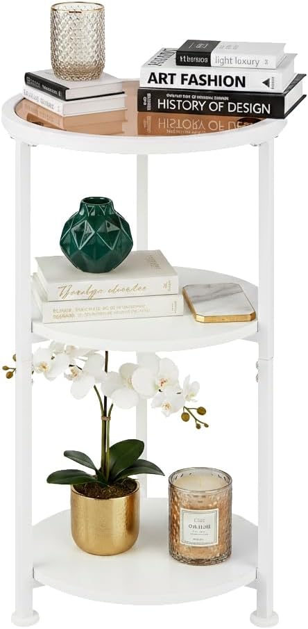 Glass Side Table, Tempered Glass Small Round Side Table with 3-Tier Storage Shelves for Small Spaces, Modern Glass Round End Table for Living Room, Bedside Table Nightstand for Bedroom (White)
