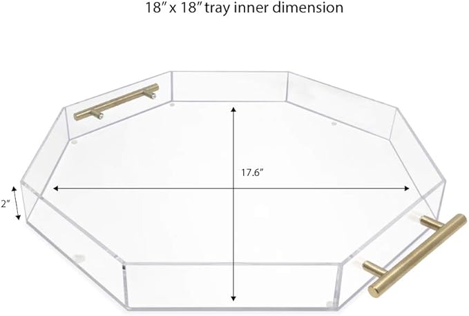 Isaac Jacobs Clear Octagon Acrylic Serving Tray (18x18) with Gold Metal Handles, Spill-Proof, Stackable Organizer, Food & Drinks Server, Lucite Storage (18x18 Octagon, Clear with Gold Handle)
