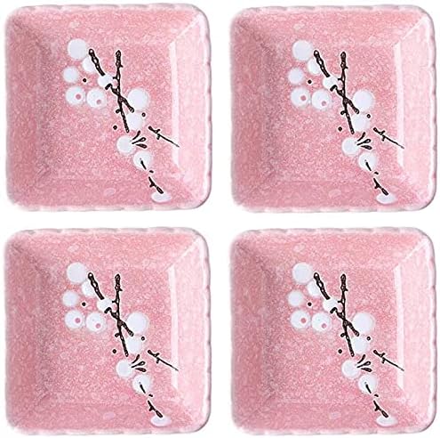 Ceramic Flower Shaped Sauce Dish Sushi Dipping Bowl Appetizer Plates Porcelain Serving Dish Seasoning Dishes,Plum blossom Set of 4 (Pink-Rect)