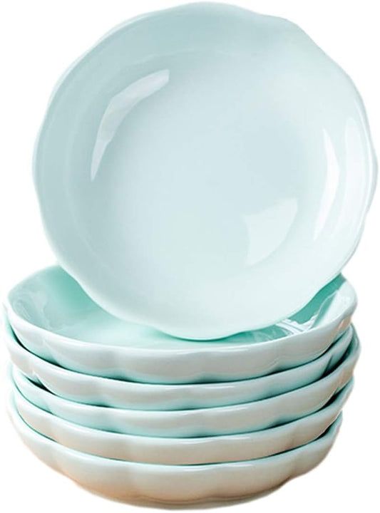 Sizikato 6pcs Light Blue Porcelain Snack Plates, 4-Inch Flower-Shaped Appetizer Plate Dipping Bowl.