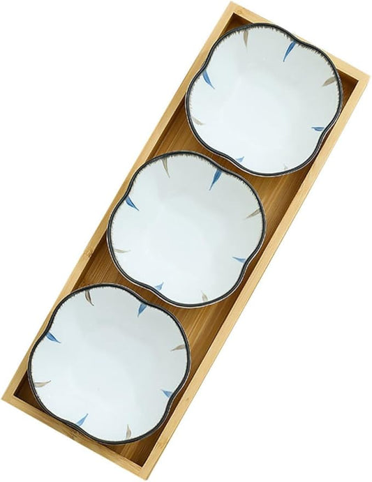 Japanese Style Snack Plate Set Ceramic Divided Dish with Wooden Tray for Dried Fruits Appetizers and Dipping Sauces for Home and Restaurant Use