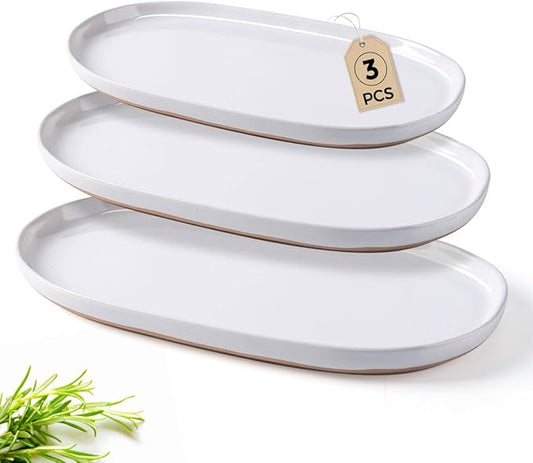 AmorArc Large Ceramic Serving Platter, 15.5"/14"/12.2" Oval Platters Microwave Safe, Serving Trays for Wedding, Stoneware Serving Dish for Entertaining&Party, Set of 3