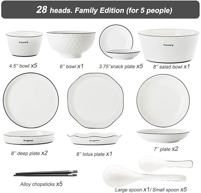 60 Pieces White Dinnerware Set Dishes - Dinner Plates and Bowls Sets Service for 12, Luxury Ceramic Dishes Set, Nordic Style Black Line Diamond Pattern, for Family Friend (White 28 Pcs)