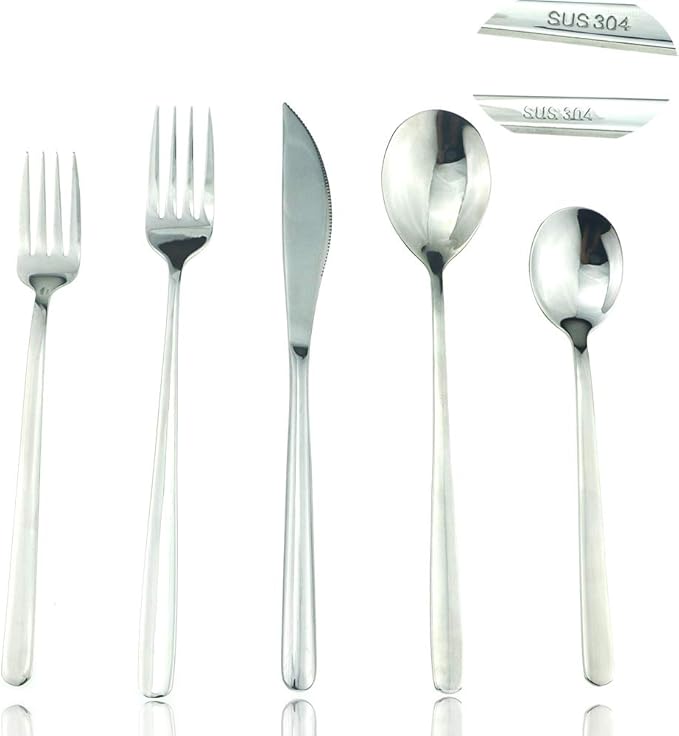 JASHII Mirror Polished Silver 20-Piece SUS304 Stainless Steel Flatware Set,Silverware Set Dinner Knife Fork Spoon Dessert Fork Salad Spoon Service for 4