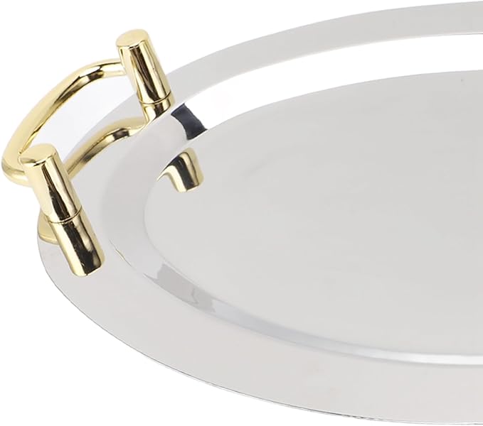 Dioche Steel Serving Tray Stainless Steel Platter with Handle – Multifunction Portable Serving Tray for Restaurant & Hotel Buffet, Rectangle Shape, 47.5cm (Round Shape with Gold Handle, 46cm)