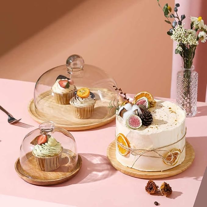 10 Inch Wooden Base Cake Display Stand with Glass Dome,Cloche Clear Glass Bell Jar Cover for Dessert Cheese Candy Plants Succulents