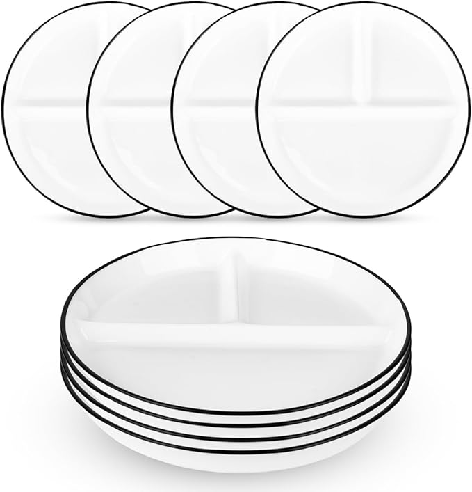 Ceramic Divided Plates Set of 4Pcs, 8 Inch Portion Control Plate, Reusable Bariatric Plate for Adults, 3 Compartment Plates, White Dinner Plates for Balanced Meal, Microwave, Dishwasher Safe