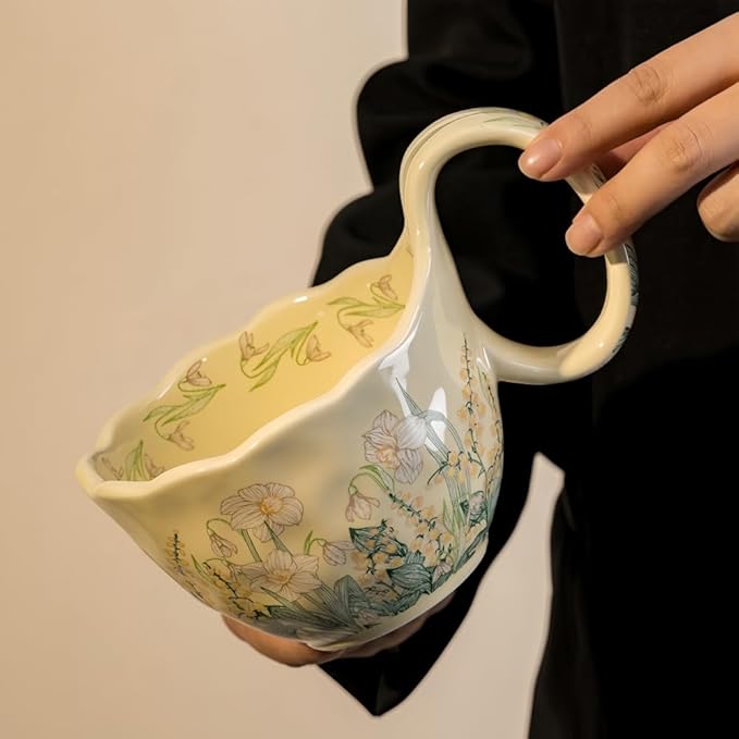 16.91oz/500ml Handpainted Soup Bowl with Handle,Ceramic Cereal Bowl Microwave & Dishwasher Safe,Loop Handle Bowl Great for Soup,Yogurt,Snack,Chip,Stew,Ice Cream,Coffee (Cosmos Flower)