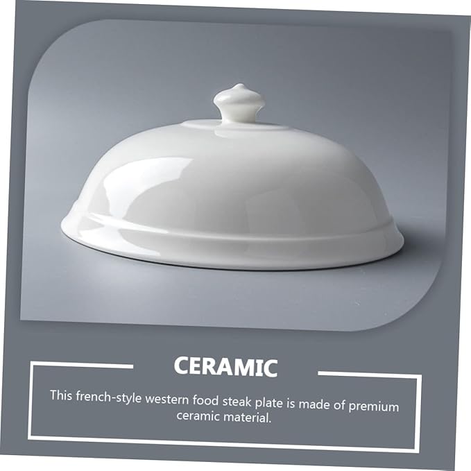 Cabilock Ceramic Steak Plate with Dome Lid French Style Shallow Serving Dish for Desserts Snacks and Pasta for Kitchen Tableware and Dinner Parties