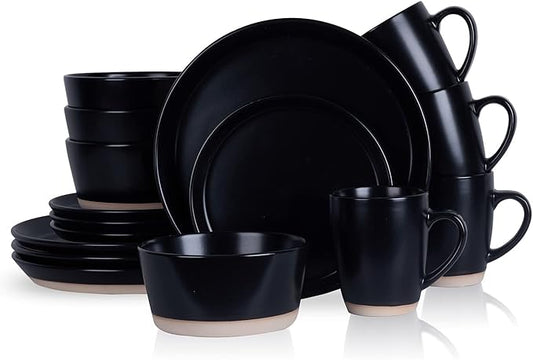 Stone Lain Jules Stoneware 16-Piece Dinnerware Set, Plates and Bowls, Service for 4, Black, Microwave & Dishwasher Safe