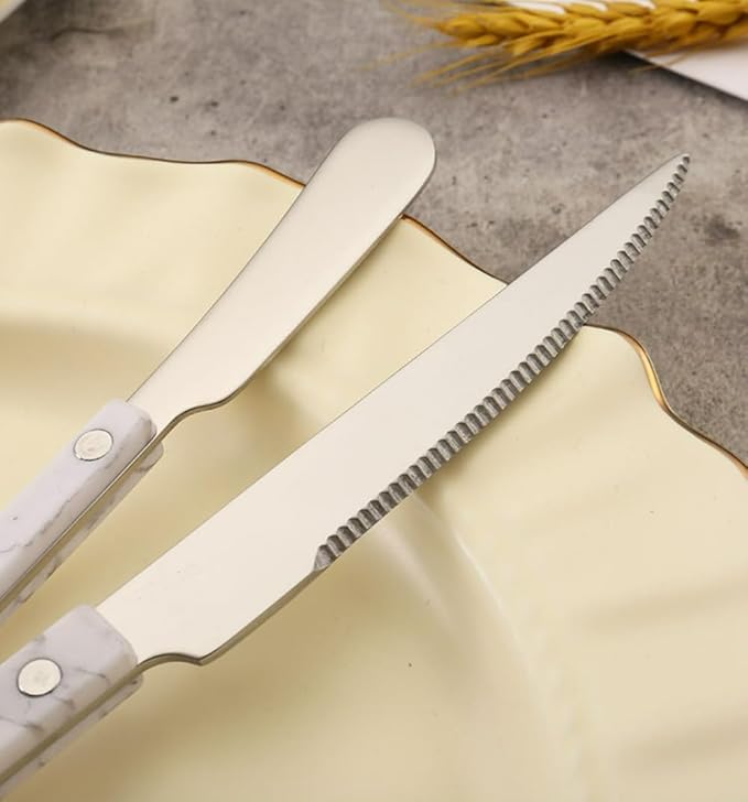 ABS Rivet Handle Marble Pattern Handle Kitchen Stainless Steel Silverware Tableware Flatware Cutlery Knives Forks Spoons Set,Butter Knife Dessert Spoon Fork (5-piece set -4 set,Marbling)