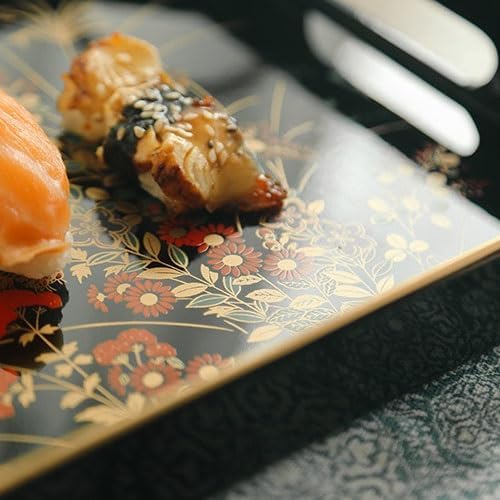 SABALON Foodtray Front Heavy Lacquerware Long Hand Tray Japanese Style Hand-Painted Fruit Wedding Housewarming Gift Tea Dining Serving(B)