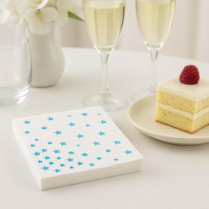 Elegant 100-Pack White Cocktail Napkins with Blue Foil stars- 2-ply Disposale Party Napkins for Weddings, Bars and Baby Showers