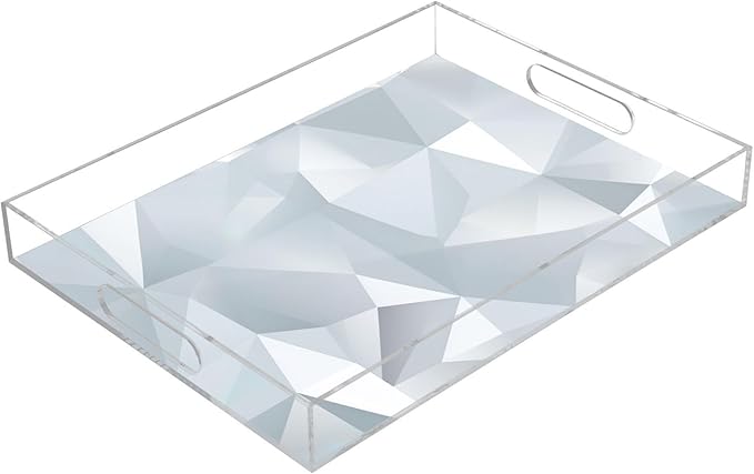 Spill Proof Acrylic Serving Tray, Countertop Organizer 16x12 Inch with Handles for Breakfast, Living Rooms, Coffee, Juice, Kitchen and Desk, (Silver Glass Design)