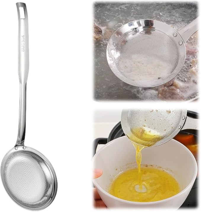Fine Mesh Stainless Steel Colander Spoon,2025 New Extra Fine Mesh Strainer with Handle,304 Stainless Steel Skimmer Spoon Kitchen Gadget for Filte Grease Foam (1, A Style, Large)