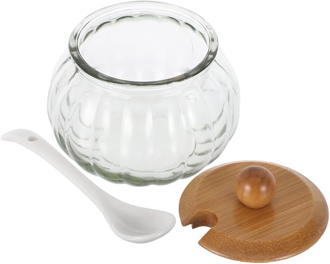 LIFKOME Clear Glass Sugar Bowl With Wooden Lid and Spoon Pumpkin Shaped Clear Glass Candy Jar Glass Sugar Storage Dispenser Container Seasoning Box Salt Bowl for Home Kitchen