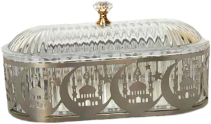 Eid Mubarak Snack Tray with Lid Ramadan Serving Trays Iron Candy Dish with Lid Desktop Storage Box Islam Eid Dinner Plate for Ramadan Mubarak Party Supplies - Silver