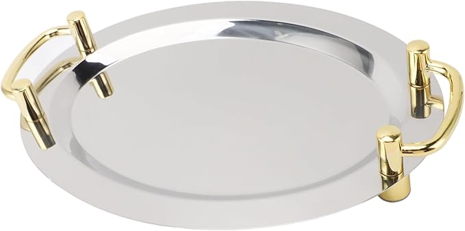 Dioche Steel Serving Tray Stainless Steel Platter with Handle – Multifunction Portable Serving Tray for Restaurant & Hotel Buffet, Rectangle Shape, 47.5cm (Rectangle Shape with Gold Handle, 39cm)
