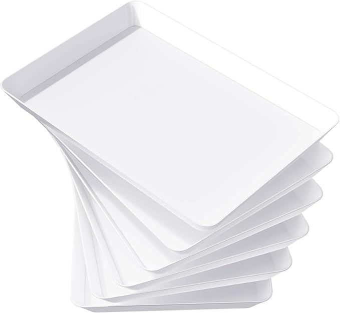 Lifewit Plastic Serving Platter for Party Supplies, 6 Pcs White platters for Serving Food, Reusable Tray for Buffet, Fruit, Charcuterie, Snack, Rectangle, Holiday Christmas Essentials, BPA Free