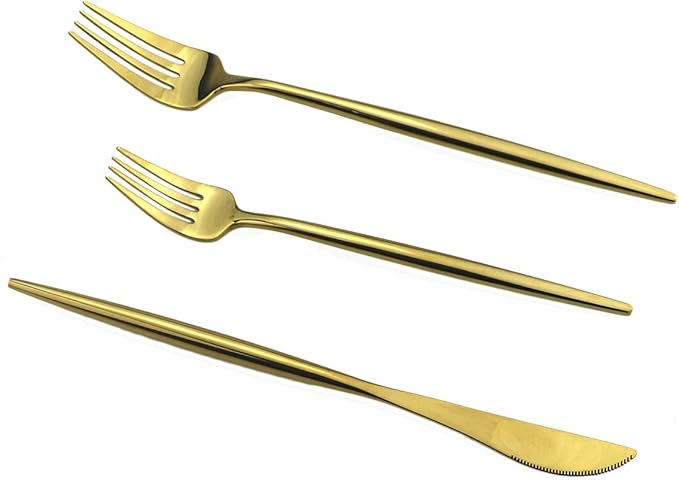 Gugrida Portable Silverware Set - 5-Piece Flatware Cutlery Set - 18/10 Stainless Steel - Mirror Polishing Gold - Travel Elegant Modern Utensils - Service for 1 Include Steak Knife Dinner Fork Spoon