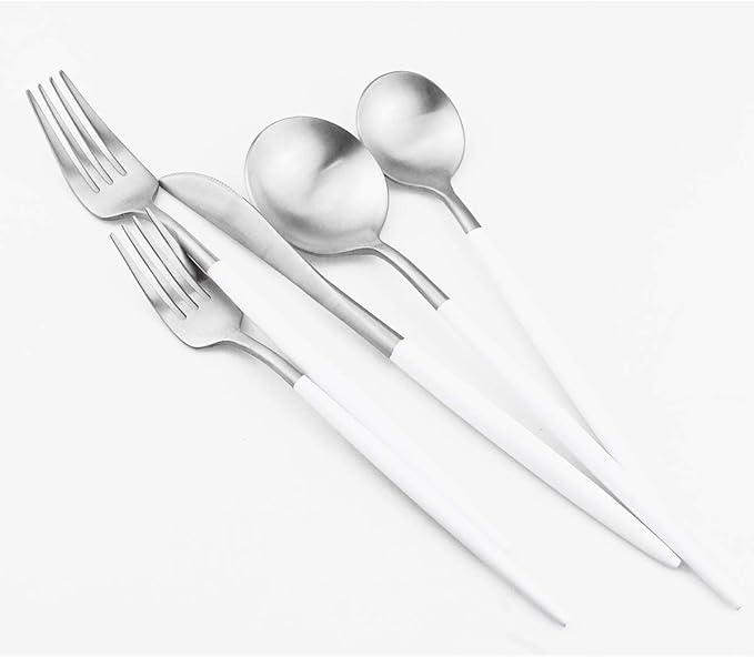 Gugrida White Silver Flatware, Royal 5-Piece Matte White Handle 18/10 Stainless Steel Tableware Sets for 1 Including Forks Spoons Knives, Camping Silverware Travel Utensils Set Cutlery (White Silver)