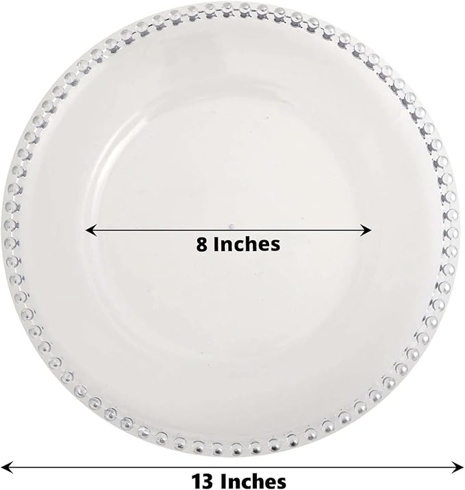 13" Charger Plates - Set of 12 - Silver Round Acrylic Disposable Chargers with Beaded Rim, Ideal for Dinner Party Wedding Bulk Events