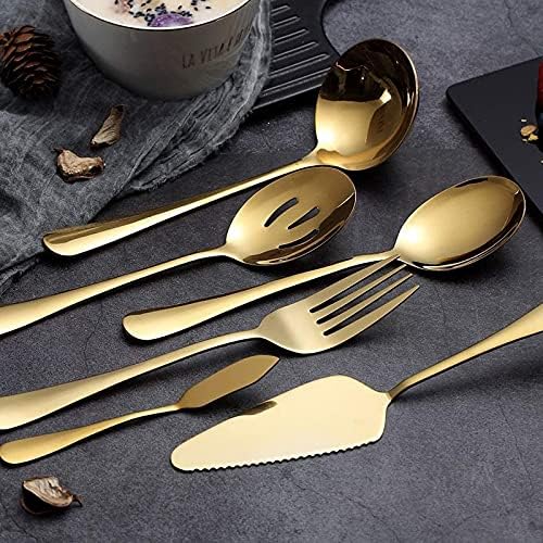 6-Piece Serving Flatware Silverware Set, Serving Utensil Set,Include Cake Server, Slotted Serving Spoon Gold