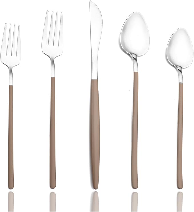 JASHII Slim Handle Silverware Set 20 Pieces, 304 Stainless Steel Colorful Flatware Set, Titanium Plating Cutlery Set, Utensil Sets for Home Dinner Service for 4, Dishwasher Safe - Brown&Silver