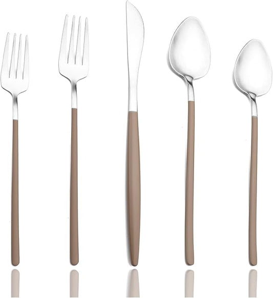 JASHII Slim Handle Silverware Set 20 Pieces, 304 Stainless Steel Colorful Flatware Set, Titanium Plating Cutlery Set, Utensil Sets for Home Dinner Service for 4, Dishwasher Safe - Brown&Silver