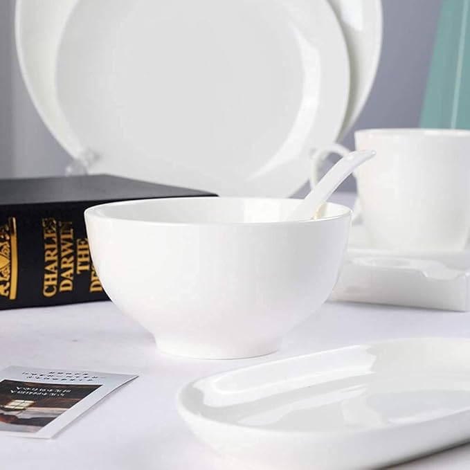 Pure White Porcelain Dinnerware Set Tableware Set Stoneware Dish Dinner Plates Dinner Set Dinner Service for1/2/4/10/16 People,80 PCS (White 8 PCS(1 Set))