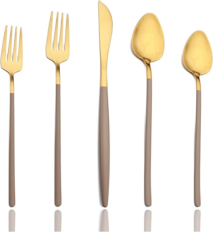 JASHII Slim Handle Silverware Set 20 Pieces, 304 Stainless Steel Colorful Flatware Set, Titanium Plating Cutlery Set, Utensil Sets for Home Dinner Service for 4, Dishwasher Safe - Brown&Gold