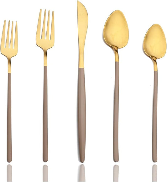 JASHII Slim Handle Silverware Set 20 Pieces, 304 Stainless Steel Colorful Flatware Set, Titanium Plating Cutlery Set, Utensil Sets for Home Dinner Service for 4, Dishwasher Safe - Brown&Gold