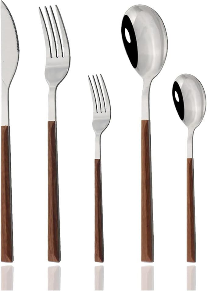 JASHII 30-Piece/6 Sets Wood Flatware Set, Premium Shiny Silver Stainless Steel Cutlery Set, Wooden Square Handle Flatware Dinner Knife Fork Spoon Set, Mirror Polished