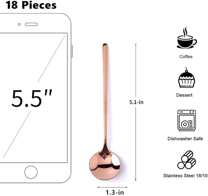 10 Pack Espresso spoons 18/10 Stainless Steel Teaspoons Set for Coffee Sugar Dessert Cake Ice Cream Soup Antipasto Cappuccino, 5.3 Inch Rose Gold