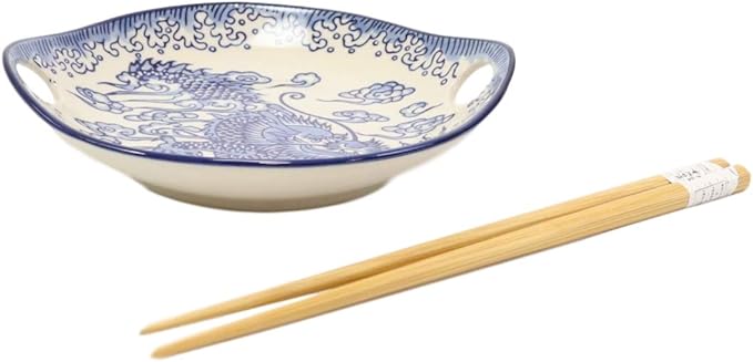 Ebros Blue White Ming Nine Dragons Dragon King Appetizer Snack Serving Coupe Plate Dish With Chopsticks And Built In Rest Set Small Flat Bowl For Hors D'oeuvres Sushi Ice Cream Serveware Plates