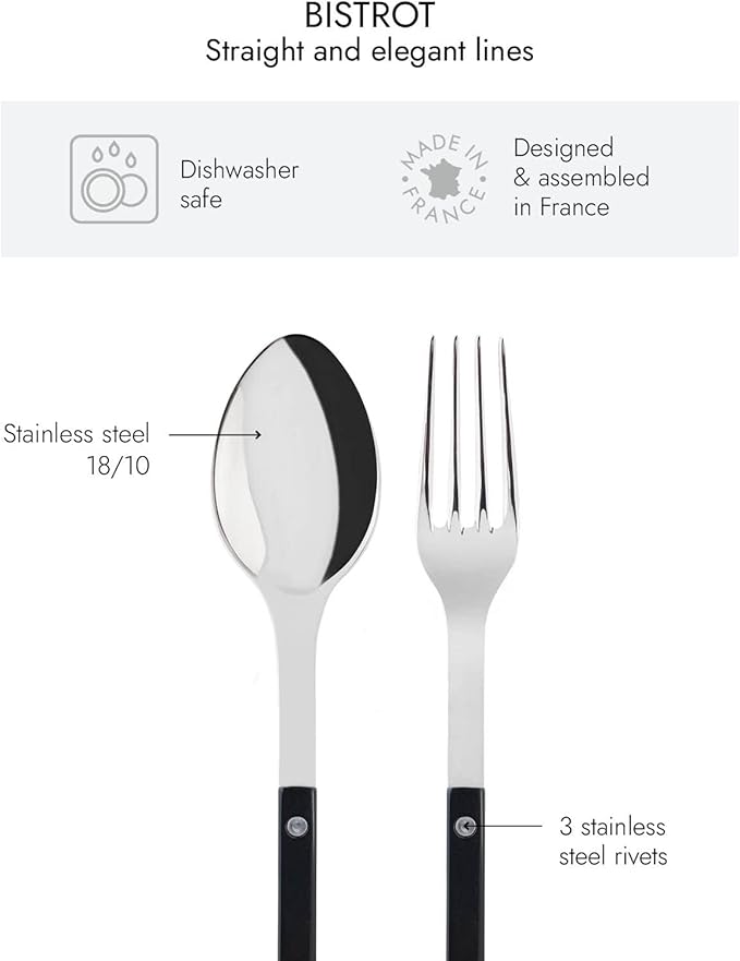 SABRE PARIS - 2-Piece Serving Set - Bistrot Collection - Large Fork & Large Spoon - Stainless Steel & Nylon - Dishwasher Safe - Black - Brilliant Finish