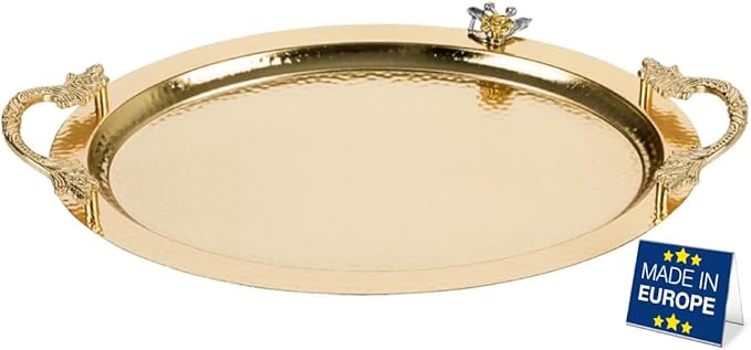 Ornamental Big Oval Gold Serving Tray with Leaf Handles, Anti Tarnish Serving Tray, Hammered Design Service Tray, Large, 19.6" x 13", Gold, Silver (Gold)